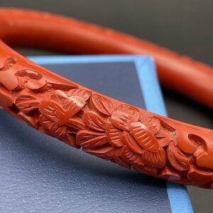 Authentic Chinese Red Cinnabar Carved Floral Bangle Bracelet Lacquer Tested VTG